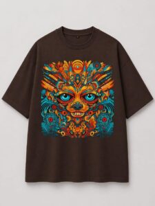 Tribal Totem Psychedelic Graphic Oversized T-Shirt – Earthy Brown Artistic Streetwear