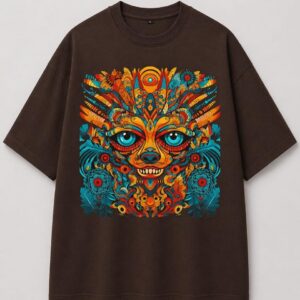Tribal Totem Psychedelic Graphic Oversized T-Shirt – Earthy Brown Artistic Streetwear
