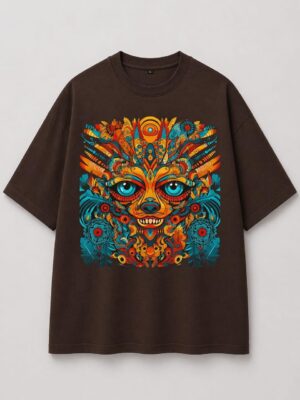 Tribal Totem Psychedelic Graphic Oversized T-Shirt – Earthy Brown Artistic Streetwear