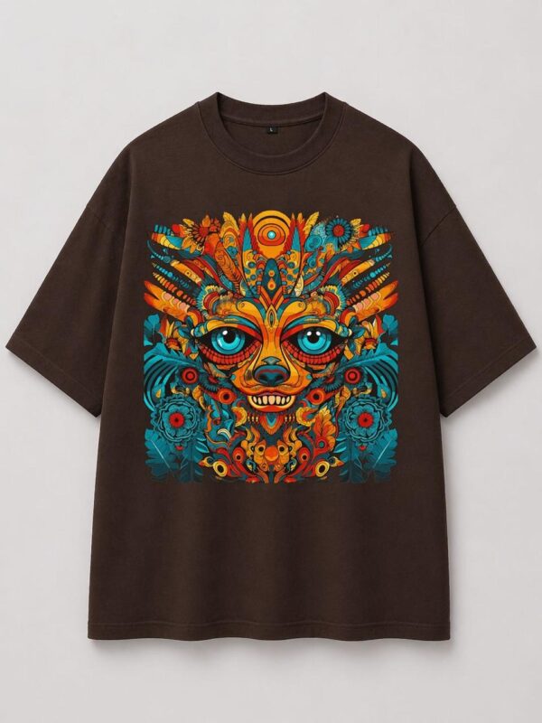Tribal Totem Psychedelic Graphic Oversized T-Shirt – Earthy Brown Artistic Streetwear