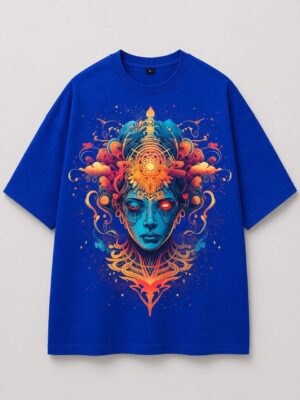 Cosmic Goddess Surreal Graphic T-Shirt – Cobalt Blue Artistic Streetwear