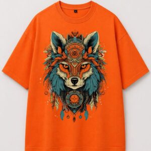 Cosmic Wolf Tribal Graphic Oversized T-Shirt – Vibrant Orange Artistic Streetwear