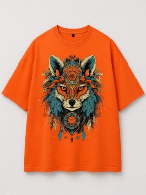 Cosmic Wolf Tribal Graphic Oversized T-Shirt – Vibrant Orange Artistic Streetwear