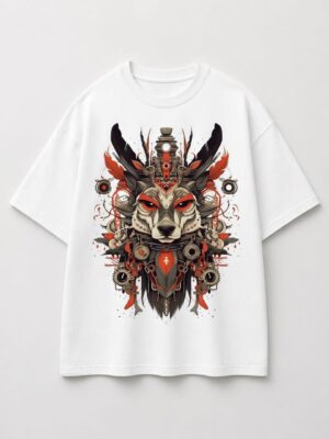 Steampunk Mechanical Wolf Graphic T-Shirt – Optic White Urban Streetwear