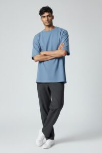 Men's Solid Powder Blue Oversized Drop-Shoulder T-Shirt